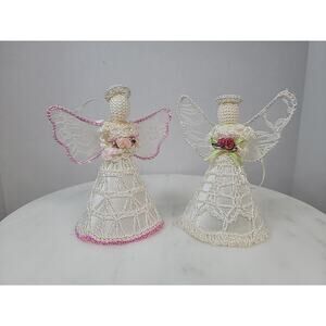 Two Vintage Ornament Crochet Lace Beaded Angel Christmas Tree Topper 6 Inches